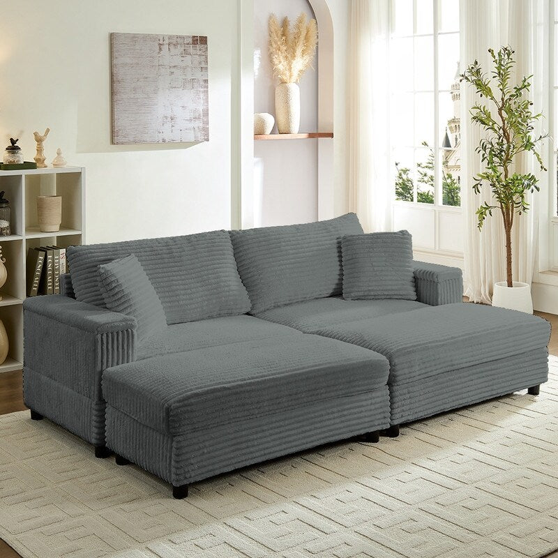 Mixoy 85ââCorduroy Loveseat Chaise Lounge with Storage Ottoman&Armrests,Upholstered 2-Seater Sleeper Reclining Chair Indoor