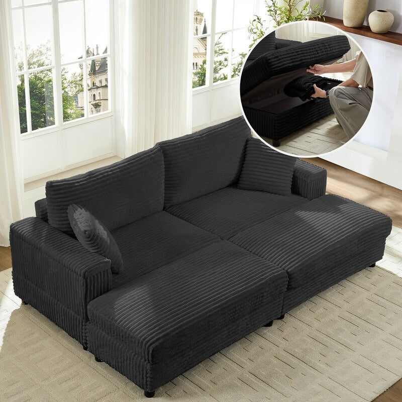 Mixoy 85ââCorduroy Loveseat Chaise Lounge with Storage Ottoman&Armrests,Upholstered 2-Seater Sleeper Reclining Chair Indoor