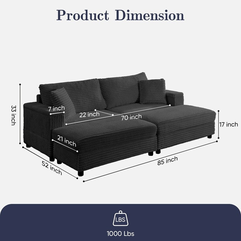 Mixoy 85ââCorduroy Loveseat Chaise Lounge with Storage Ottoman&Armrests,Upholstered 2-Seater Sleeper Reclining Chair Indoor