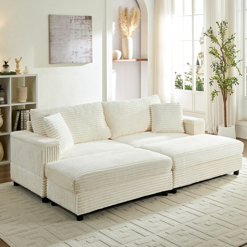 Mixoy 85ââCorduroy Loveseat Chaise Lounge with Storage Ottoman&Armrests,Upholstered 2-Seater Sleeper Reclining Chair Indoor