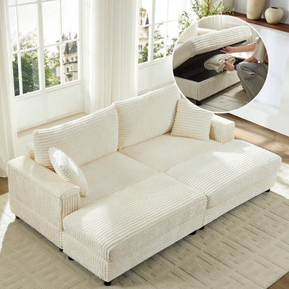 Mixoy 85ââCorduroy Loveseat Chaise Lounge with Storage Ottoman&Armrests,Upholstered 2-Seater Sleeper Reclining Chair Indoor