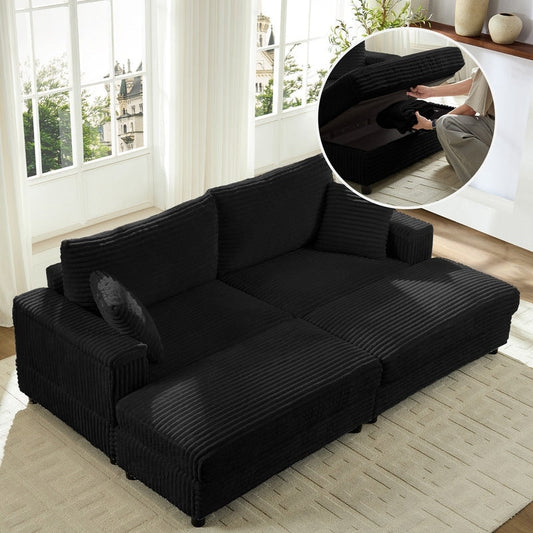 Mixoy 85ââCorduroy Loveseat Chaise Lounge with Storage Ottoman&Armrests,Upholstered 2-Seater Sleeper Reclining Chair Indoor