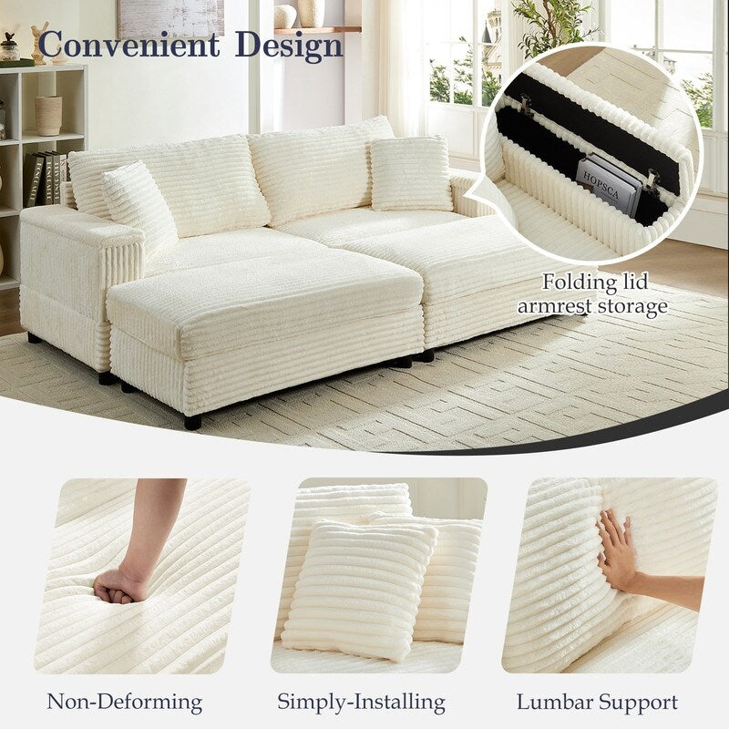 Mixoy 85ââCorduroy Loveseat Chaise Lounge with Storage Ottoman&Armrests,Upholstered 2-Seater Sleeper Reclining Chair Indoor