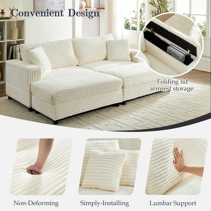 Mixoy 85ââCorduroy Loveseat Chaise Lounge with Storage Ottoman&Armrests,Upholstered 2-Seater Sleeper Reclining Chair Indoor