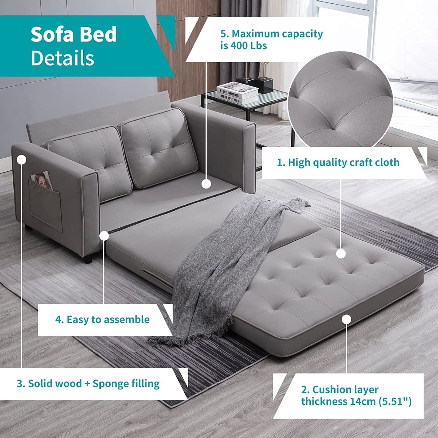Mixoy Modern Loveseat,3-in-1 Pull Out Sleeper Sofa Bed with Tri-Folding Mattress