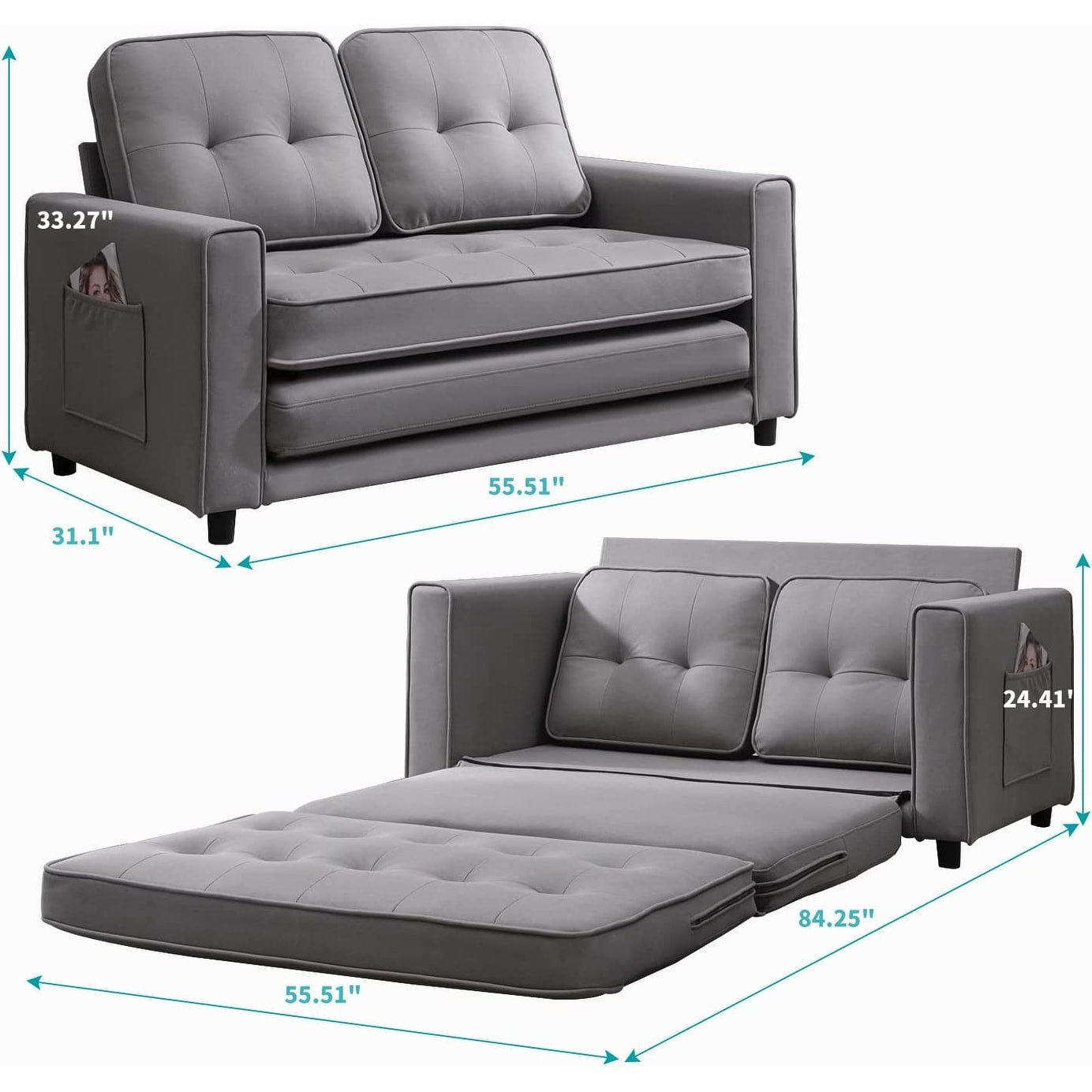 Mixoy Modern Loveseat,3-in-1 Pull Out Sleeper Sofa Bed with Tri-Folding Mattress