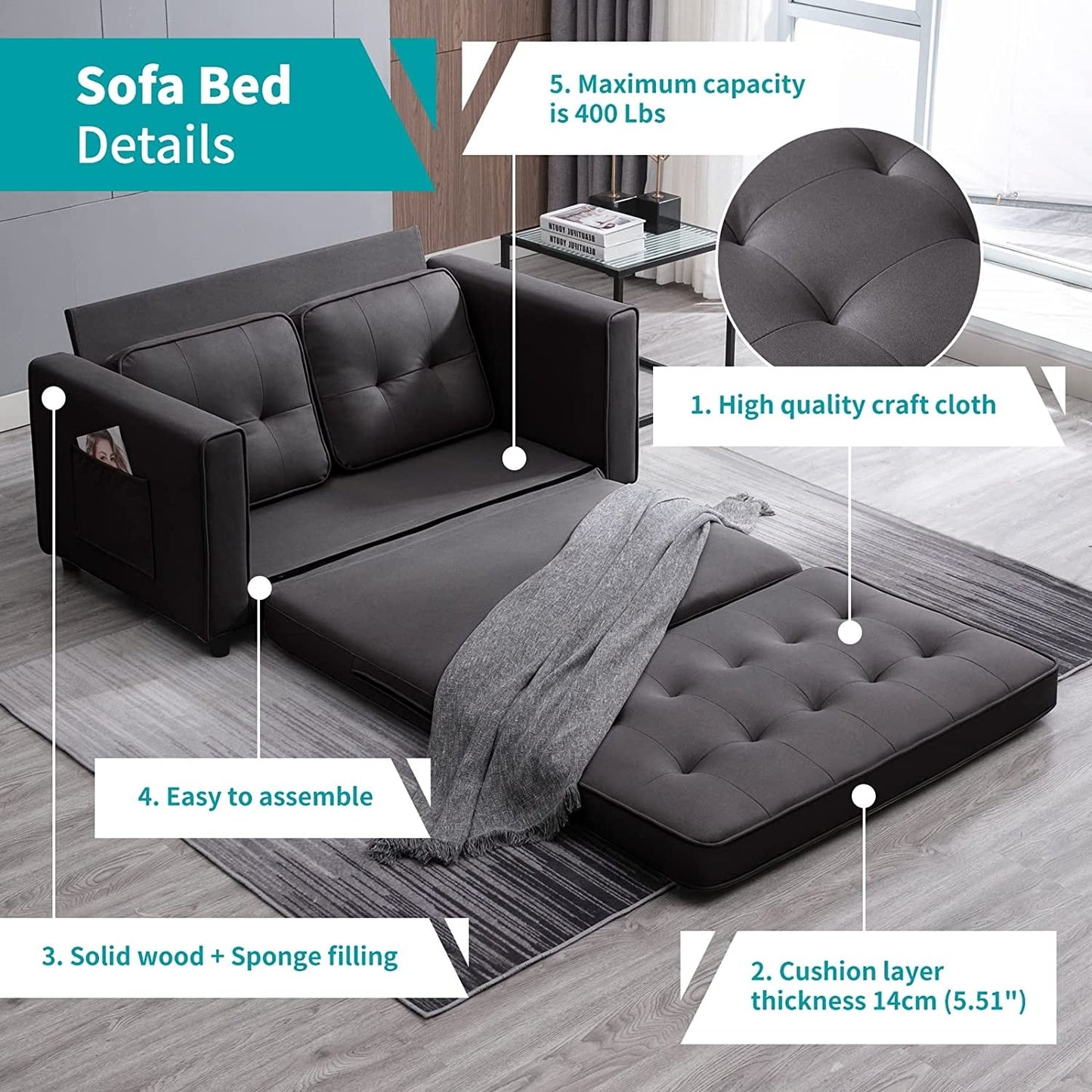 Mixoy Modern Loveseat,3-in-1 Pull Out Sleeper Sofa Bed with Tri-Folding Mattress