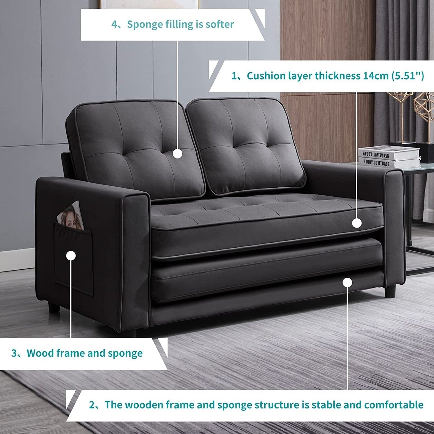 Mixoy Modern Loveseat,3-in-1 Pull Out Sleeper Sofa Bed with Tri-Folding Mattress