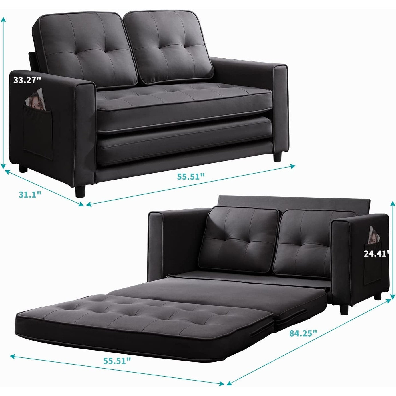 Mixoy Modern Loveseat,3-in-1 Pull Out Sleeper Sofa Bed with Tri-Folding Mattress