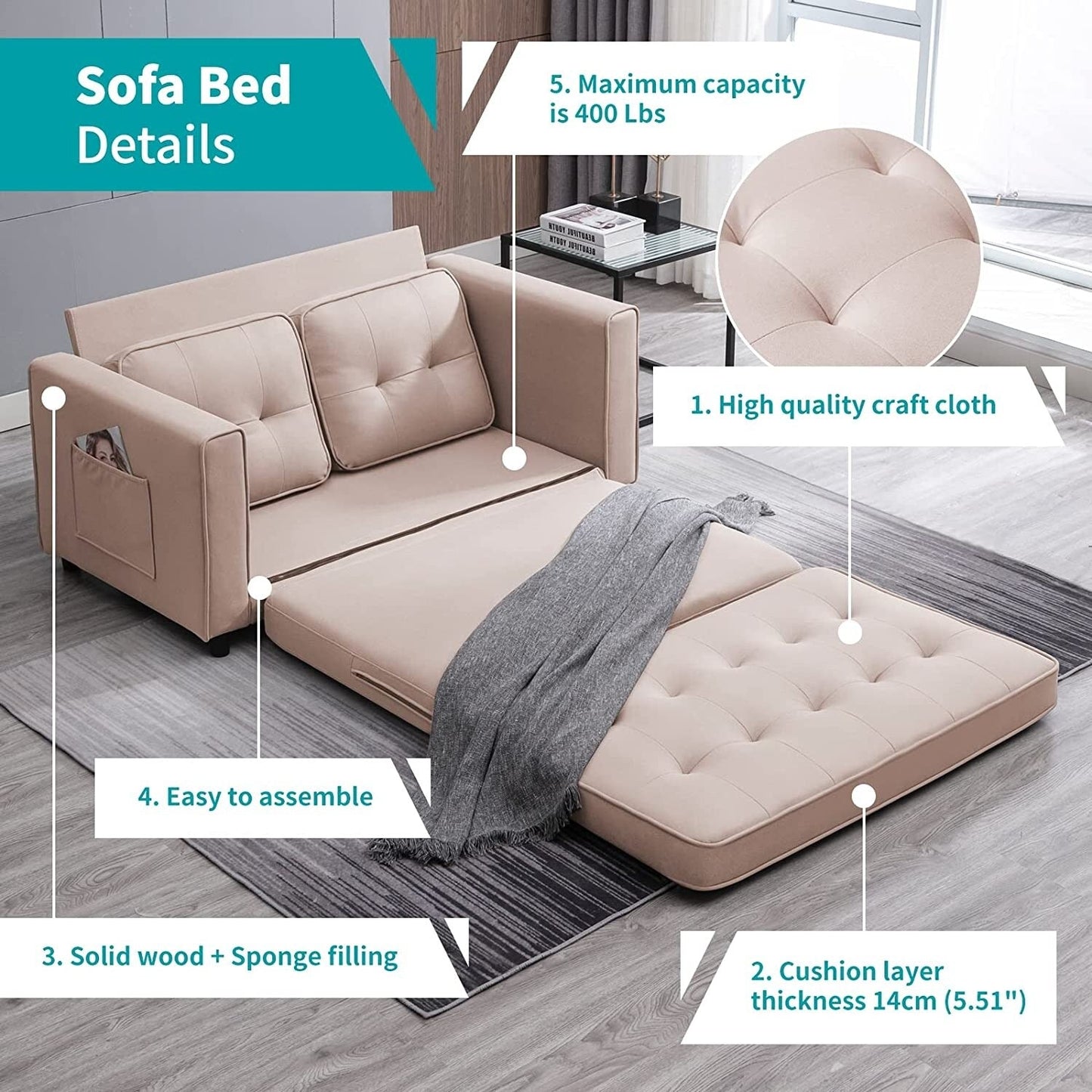 Mixoy Modern Loveseat,3-in-1 Pull Out Sleeper Sofa Bed with Tri-Folding Mattress