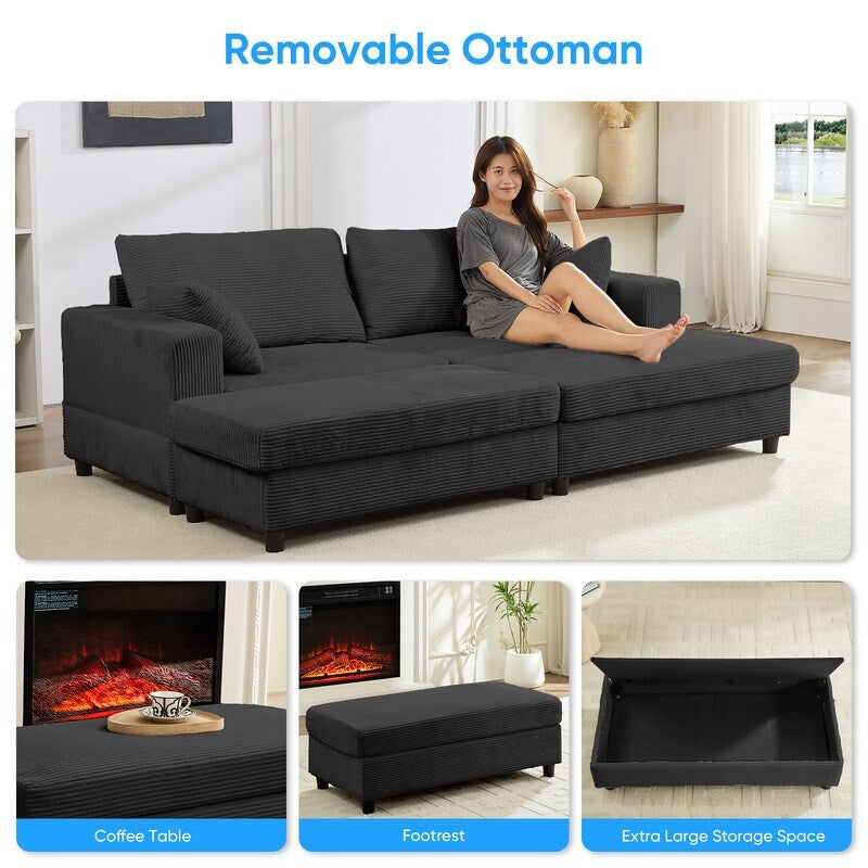 Mixoy Corduroy Comfy Chaise Lounge Deep Seat Sleeper Sofa Chair with Storage Ottoman,Upholstered 1-Seater/Loveseat Sofa Couch