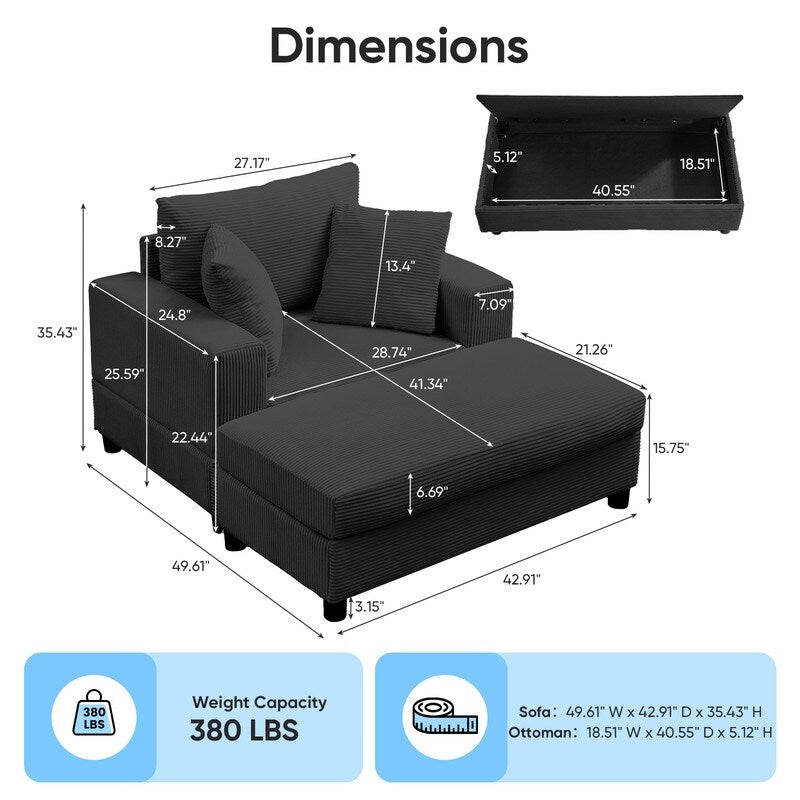 Mixoy Corduroy Comfy Chaise Lounge Deep Seat Sleeper Sofa Chair with Storage Ottoman,Upholstered 1-Seater/Loveseat Sofa Couch