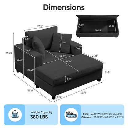 Mixoy Corduroy Comfy Chaise Lounge Deep Seat Sleeper Sofa Chair with Storage Ottoman,Upholstered 1-Seater/Loveseat Sofa Couch