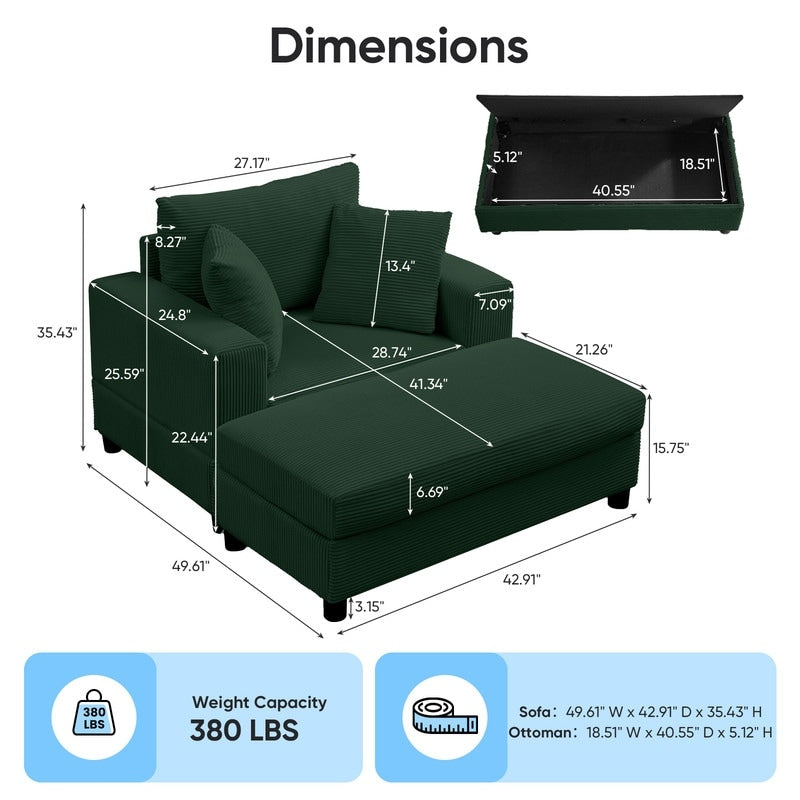 Mixoy Corduroy Comfy Chaise Lounge Deep Seat Sleeper Sofa Chair with Storage Ottoman,Upholstered 1-Seater/Loveseat Sofa Couch