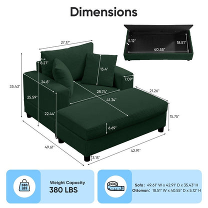 Mixoy Corduroy Comfy Chaise Lounge Deep Seat Sleeper Sofa Chair with Storage Ottoman,Upholstered 1-Seater/Loveseat Sofa Couch