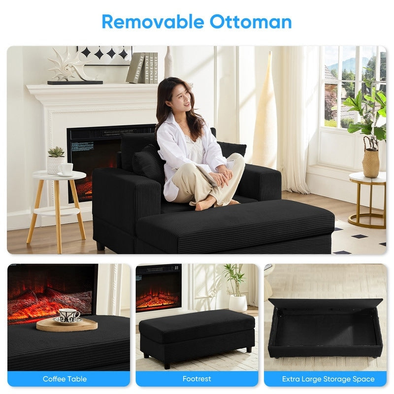 Mixoy Corduroy Comfy Chaise Lounge Deep Seat Sleeper Sofa Chair with Storage Ottoman,Upholstered 1-Seater/Loveseat Sofa Couch