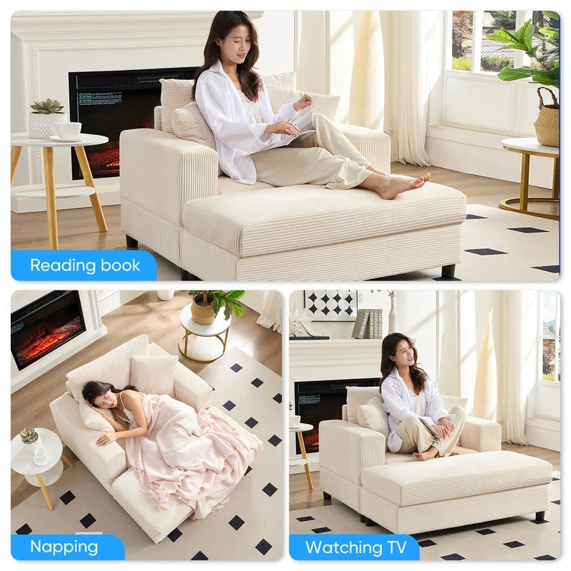 Mixoy Corduroy Comfy Chaise Lounge Deep Seat Sleeper Sofa Chair with Storage Ottoman,Upholstered 1-Seater/Loveseat Sofa Couch