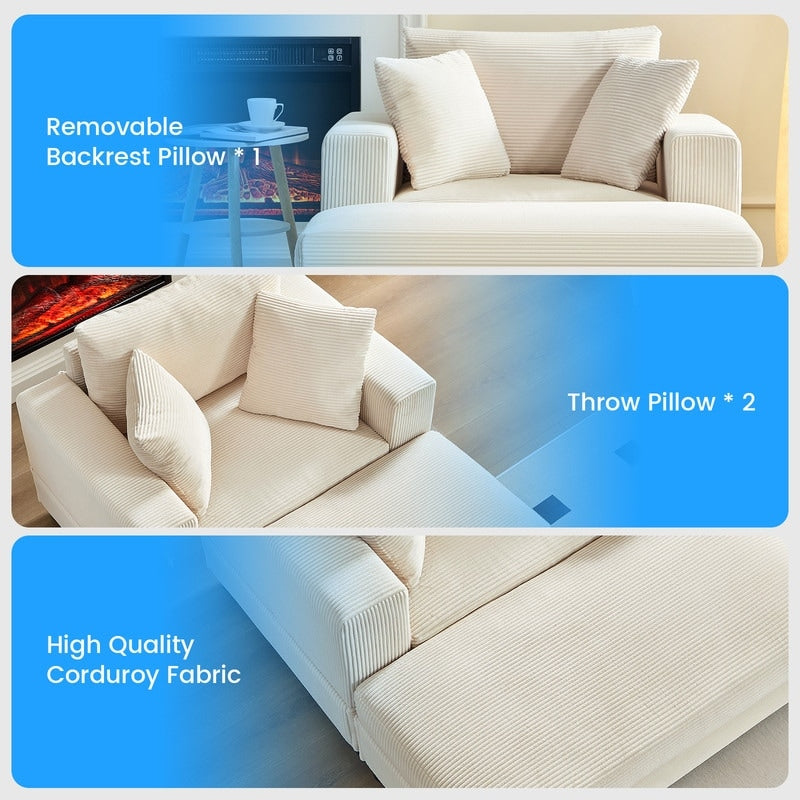 Mixoy Corduroy Comfy Chaise Lounge Deep Seat Sleeper Sofa Chair with Storage Ottoman,Upholstered 1-Seater/Loveseat Sofa Couch