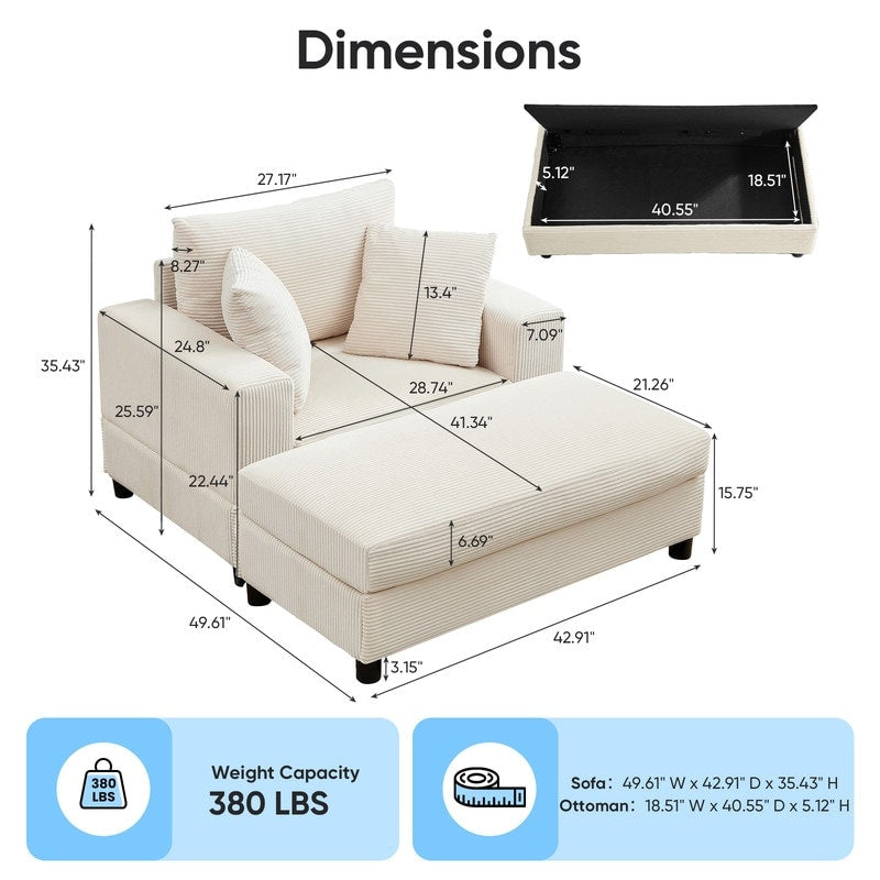 Mixoy Corduroy Comfy Chaise Lounge Deep Seat Sleeper Sofa Chair with Storage Ottoman,Upholstered 1-Seater/Loveseat Sofa Couch