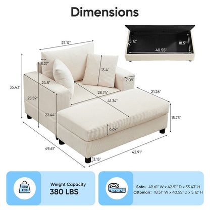 Mixoy Corduroy Comfy Chaise Lounge Deep Seat Sleeper Sofa Chair with Storage Ottoman,Upholstered 1-Seater/Loveseat Sofa Couch
