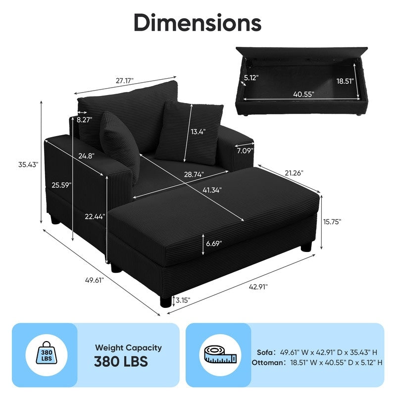 Mixoy Corduroy Comfy Chaise Lounge Deep Seat Sleeper Sofa Chair with Storage Ottoman,Upholstered 1-Seater/Loveseat Sofa Couch