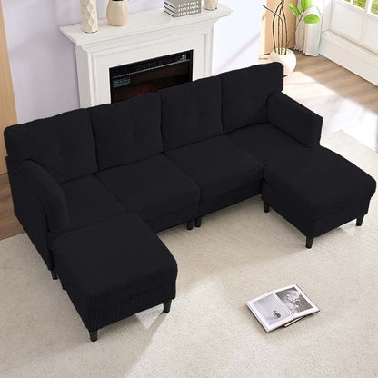 Mixoy Corduroy U-Shape Modular Convertible Sectional Sofa,Upholstered 4-Seater Sofa Couch with Movable Ottoman