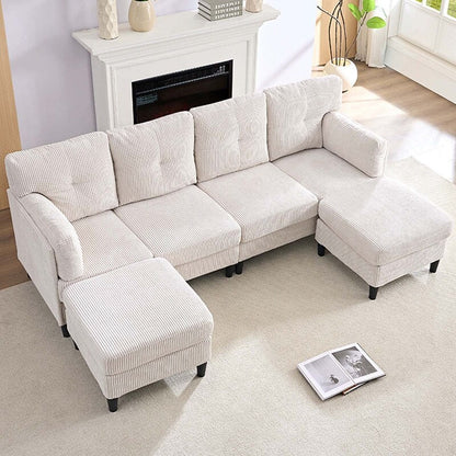 Mixoy Corduroy U-Shape Modular Convertible Sectional Sofa,Upholstered 4-Seater Sofa Couch with Movable Ottoman