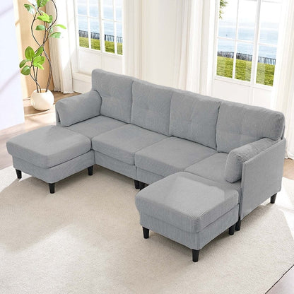 Mixoy Corduroy U-Shape Modular Convertible Sectional Sofa,Upholstered 4-Seater Sofa Couch with Movable Ottoman