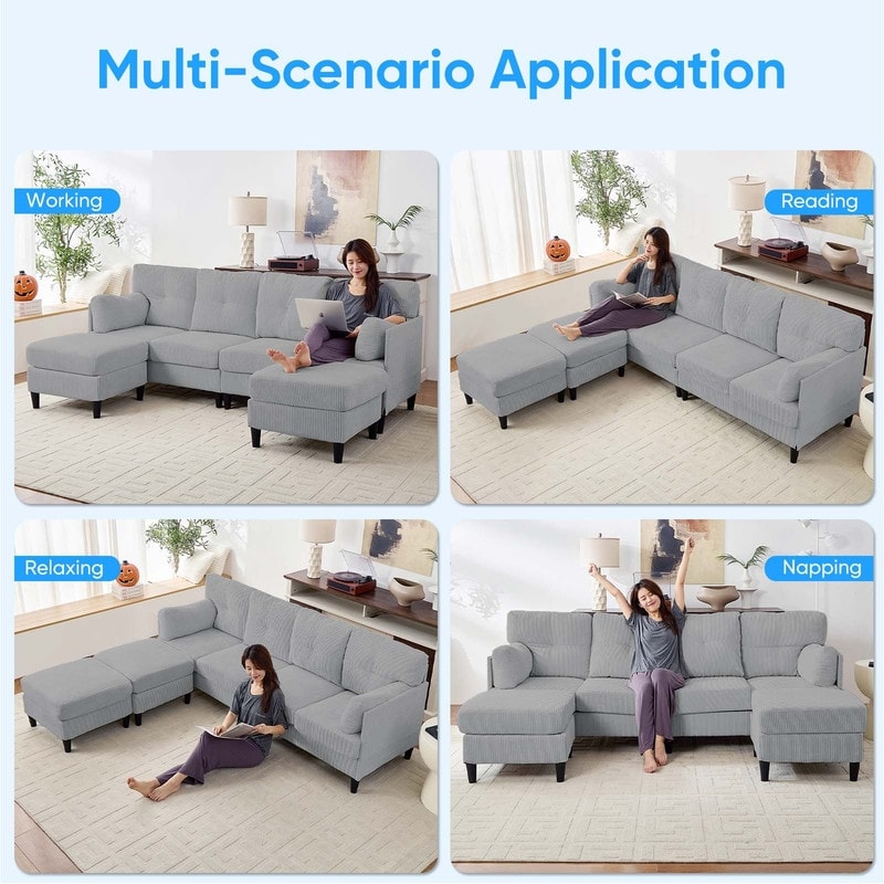 Mixoy Corduroy U-Shape Modular Convertible Sectional Sofa,Upholstered 4-Seater Sofa Couch with Movable Ottoman