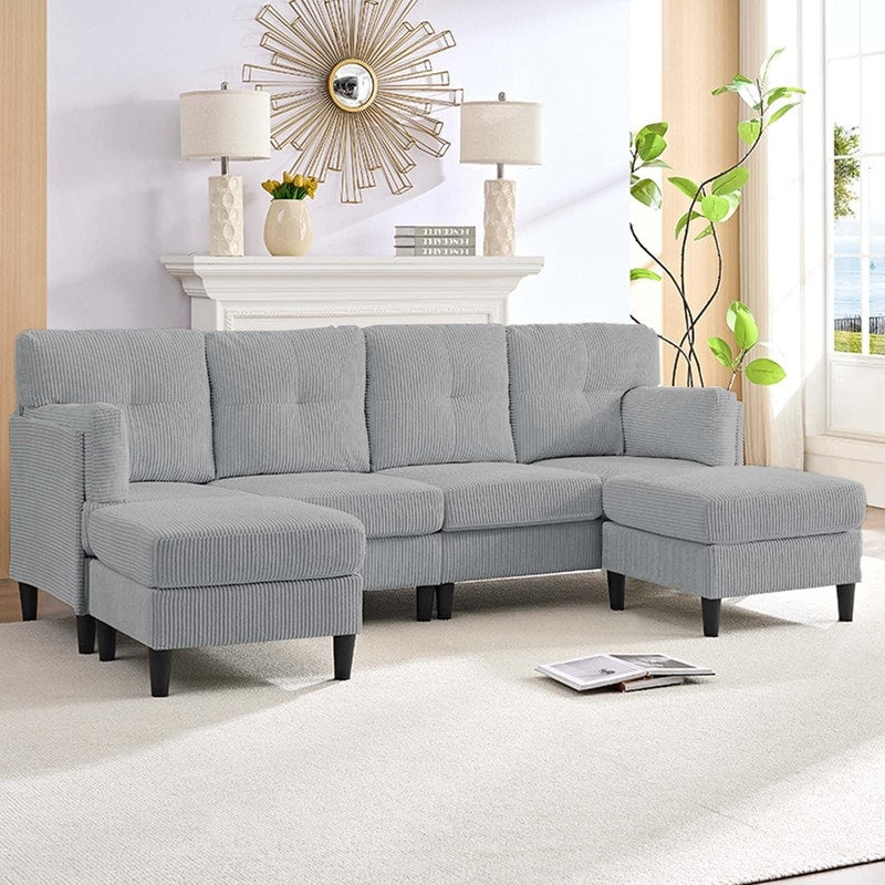Mixoy Corduroy U-Shape Modular Convertible Sectional Sofa,Upholstered 4-Seater Sofa Couch with Movable Ottoman