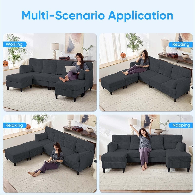 Mixoy Corduroy U-Shape Modular Convertible Sectional Sofa,Upholstered 4-Seater Sofa Couch with Movable Ottoman