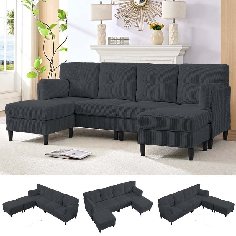 Mixoy Corduroy U-Shape Modular Convertible Sectional Sofa,Upholstered 4-Seater Sofa Couch with Movable Ottoman