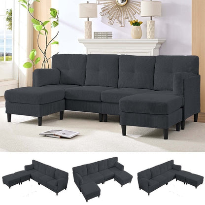 Mixoy Corduroy U-Shape Modular Convertible Sectional Sofa,Upholstered 4-Seater Sofa Couch with Movable Ottoman