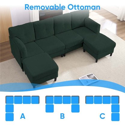Mixoy Corduroy U-Shape Modular Convertible Sectional Sofa,Upholstered 4-Seater Sofa Couch with Movable Ottoman