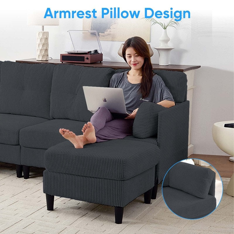 Mixoy Corduroy U-Shape Modular Convertible Sectional Sofa,Upholstered 4-Seater Sofa Couch with Movable Ottoman