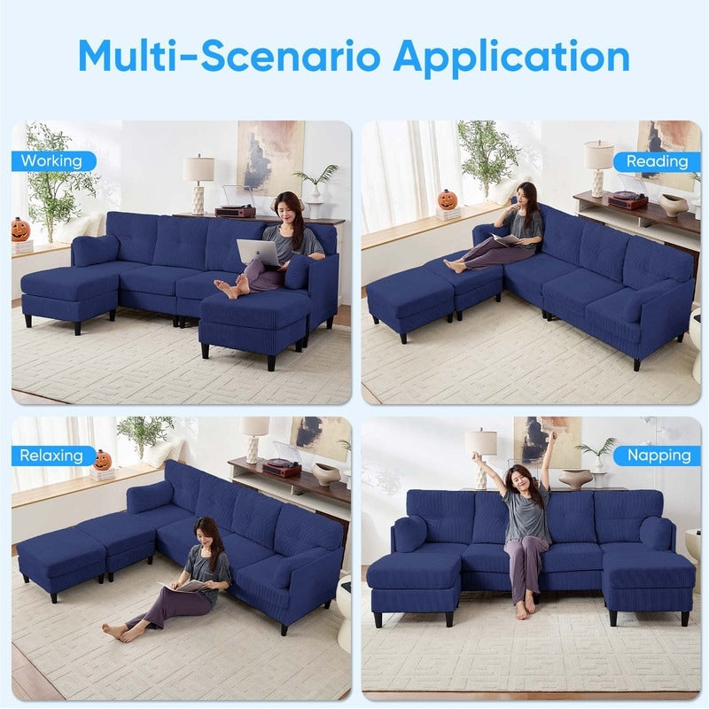 Mixoy Corduroy U-Shape Modular Convertible Sectional Sofa,Upholstered 4-Seater Sofa Couch with Movable Ottoman