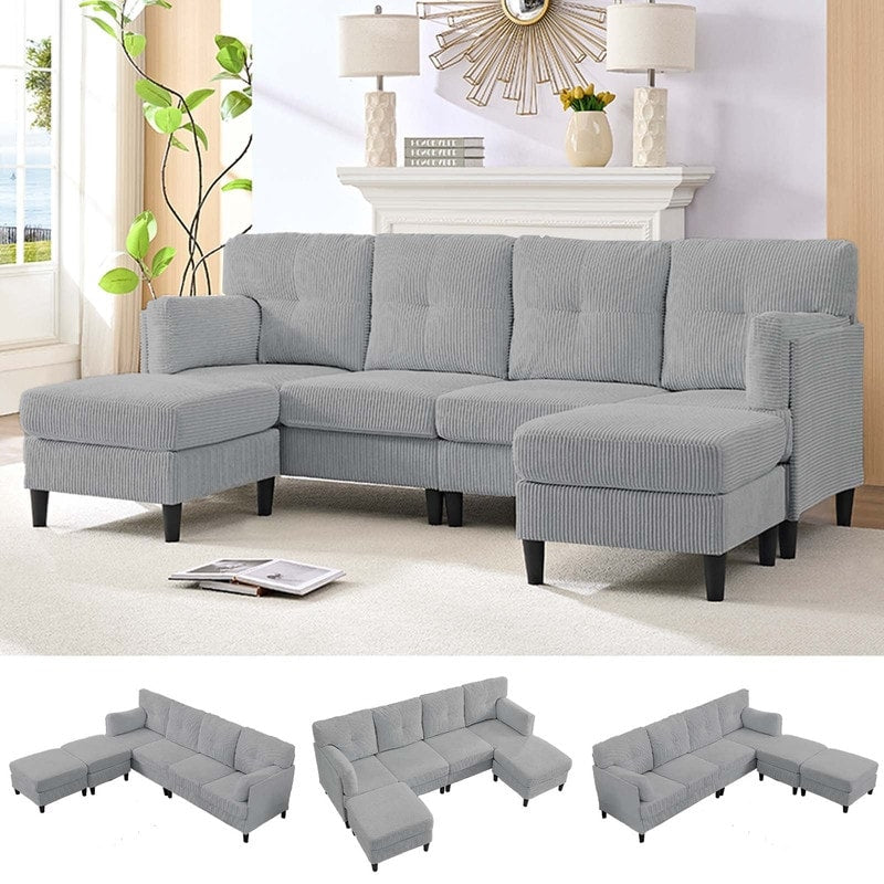 Mixoy Corduroy U-Shape Modular Convertible Sectional Sofa,Upholstered 4-Seater Sofa Couch with Movable Ottoman