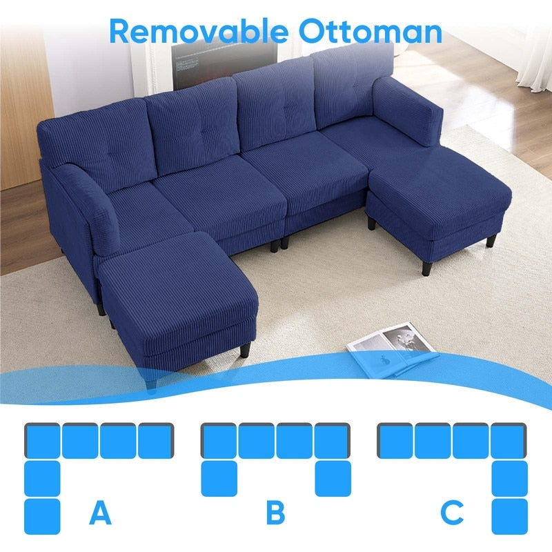 Mixoy Corduroy U-Shape Modular Convertible Sectional Sofa,Upholstered 4-Seater Sofa Couch with Movable Ottoman