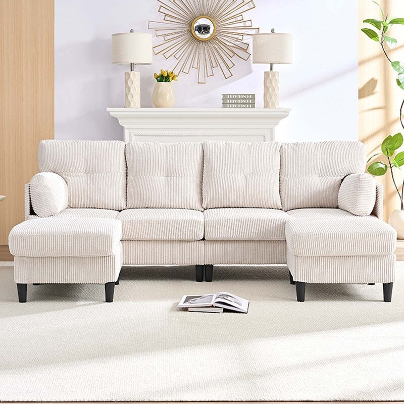 Mixoy Corduroy U-Shape Modular Convertible Sectional Sofa,Upholstered 4-Seater Sofa Couch with Movable Ottoman