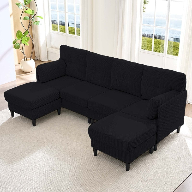 Mixoy Corduroy U-Shape Modular Convertible Sectional Sofa,Upholstered 4-Seater Sofa Couch with Movable Ottoman