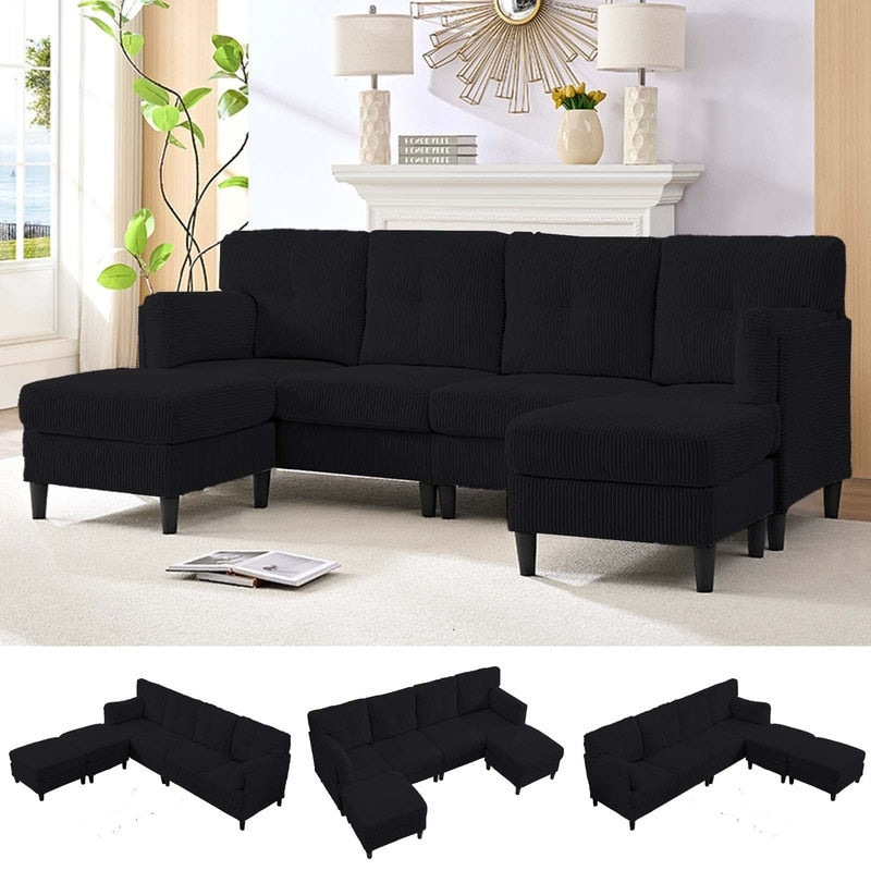 Mixoy Corduroy U-Shape Modular Convertible Sectional Sofa,Upholstered 4-Seater Sofa Couch with Movable Ottoman