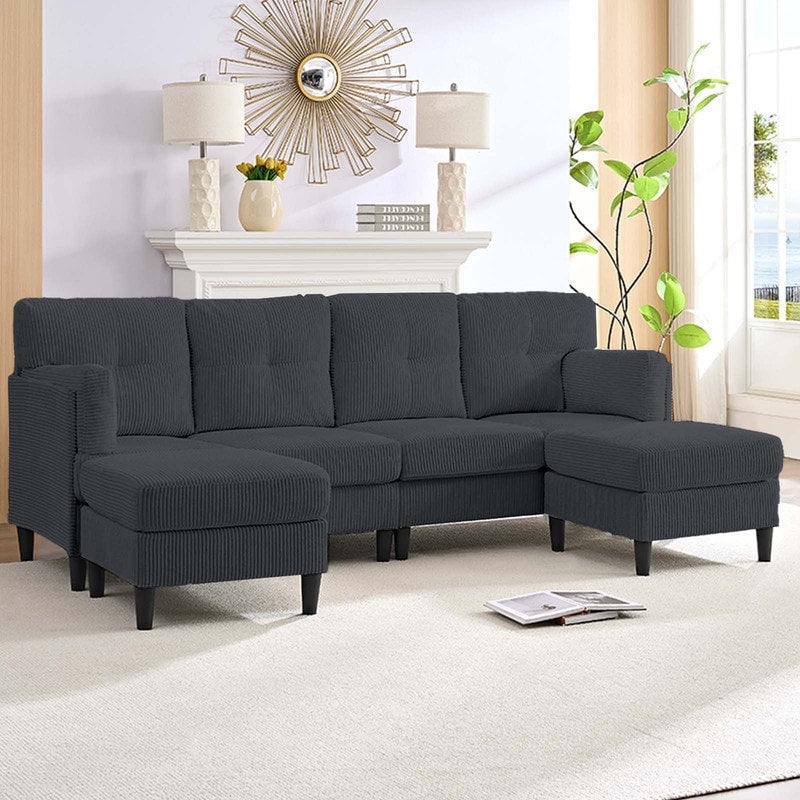 Mixoy Corduroy U-Shape Modular Convertible Sectional Sofa,Upholstered 4-Seater Sofa Couch with Movable Ottoman