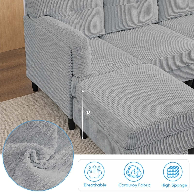 Mixoy Corduroy U-Shape Modular Convertible Sectional Sofa,Upholstered 4-Seater Sofa Couch with Movable Ottoman