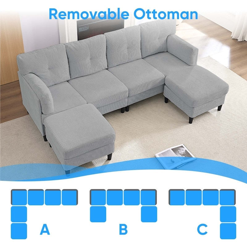 Mixoy Corduroy U-Shape Modular Convertible Sectional Sofa,Upholstered 4-Seater Sofa Couch with Movable Ottoman