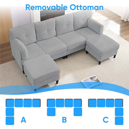 Mixoy Corduroy U-Shape Modular Convertible Sectional Sofa,Upholstered 4-Seater Sofa Couch with Movable Ottoman