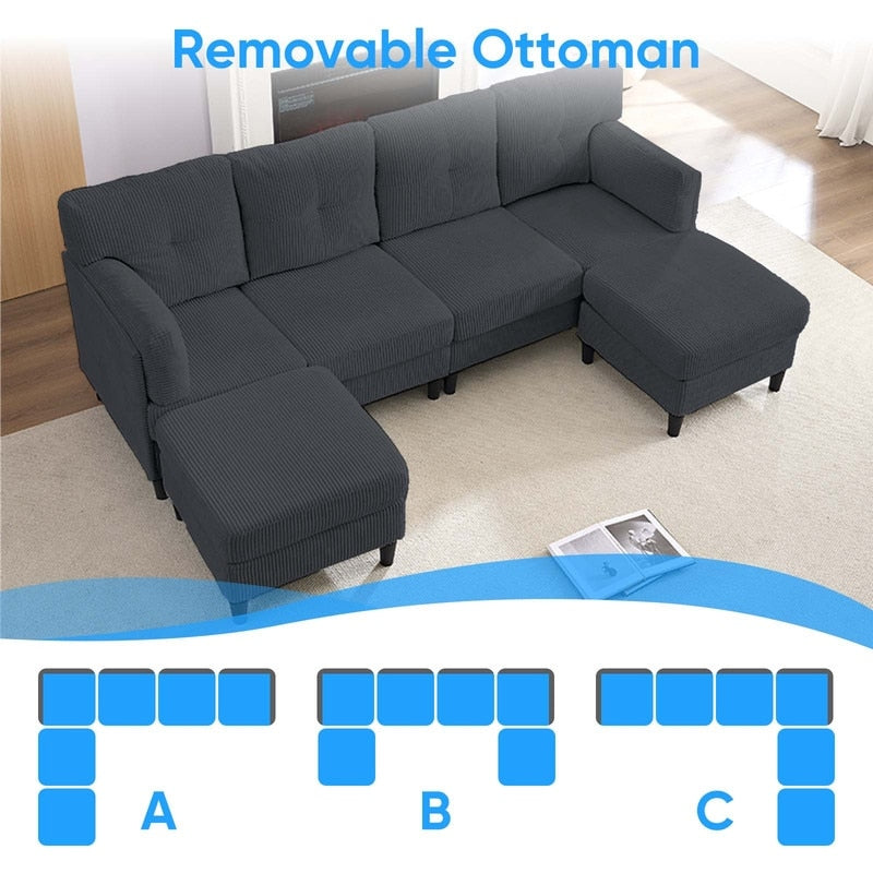 Mixoy Corduroy U-Shape Modular Convertible Sectional Sofa,Upholstered 4-Seater Sofa Couch with Movable Ottoman