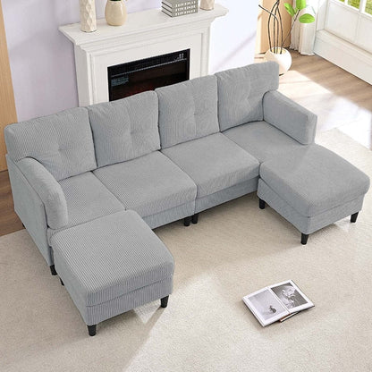 Mixoy Corduroy U-Shape Modular Convertible Sectional Sofa,Upholstered 4-Seater Sofa Couch with Movable Ottoman