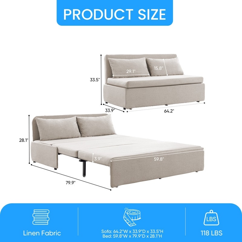 Mixoy Full/Queen Size Sofa Bed,2 in 1 Convertible Linen 1-Seater/Loveseat Sleeper Sofa Couch with Cushions