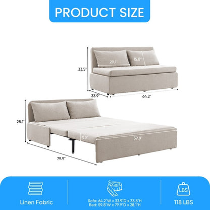 Mixoy Full/Queen Size Sofa Bed,2 in 1 Convertible Linen 1-Seater/Loveseat Sleeper Sofa Couch with Cushions