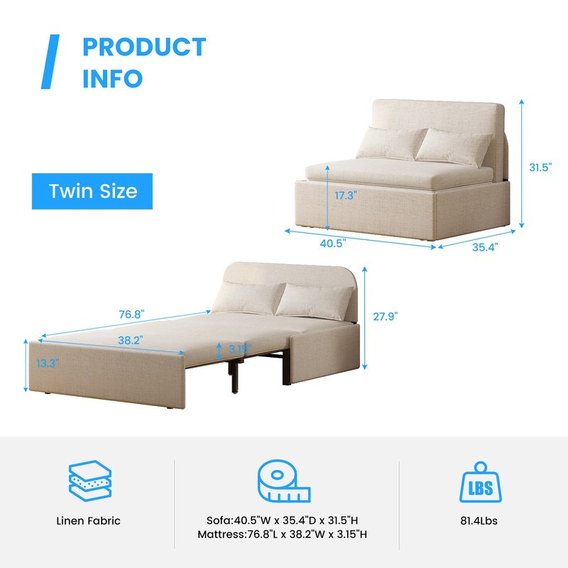Mixoy Linen 2-in-1 Convertible Sofa Bed,Twin/Queen Pull Out Sleeper Sofa with Mattress,Cushions
